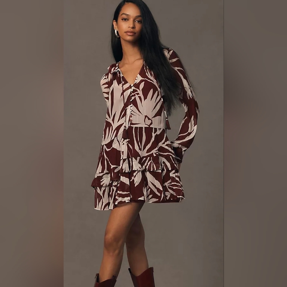 NWT ANTHROPOLOGIE The Marais Printed Chiffon Mini Dress Maroon White Sz XL